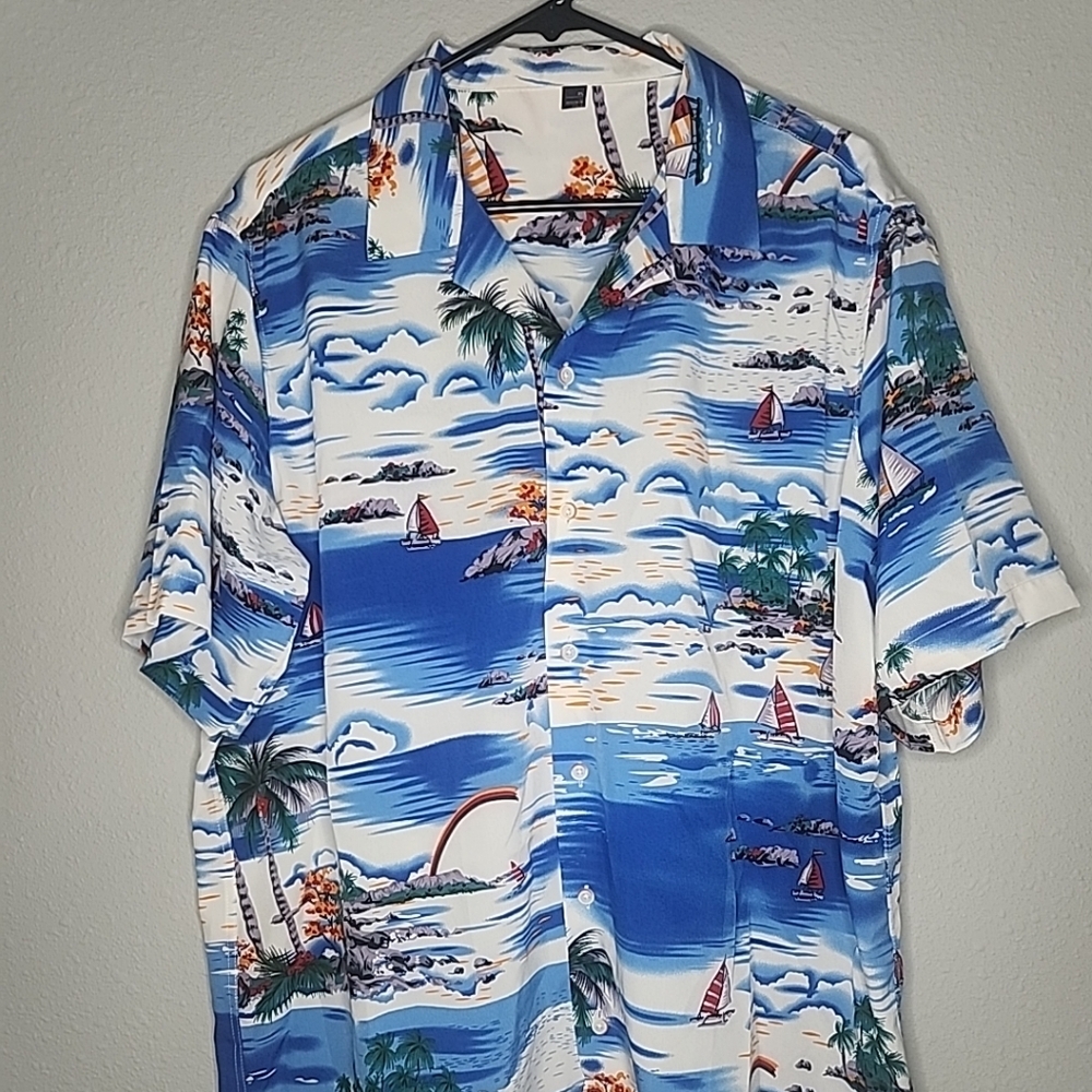 Hawaiian Shirt Italian Design  Sail Boats Blue Rayon Shirt KL Grunge